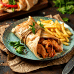 eating chicken wrap lunch