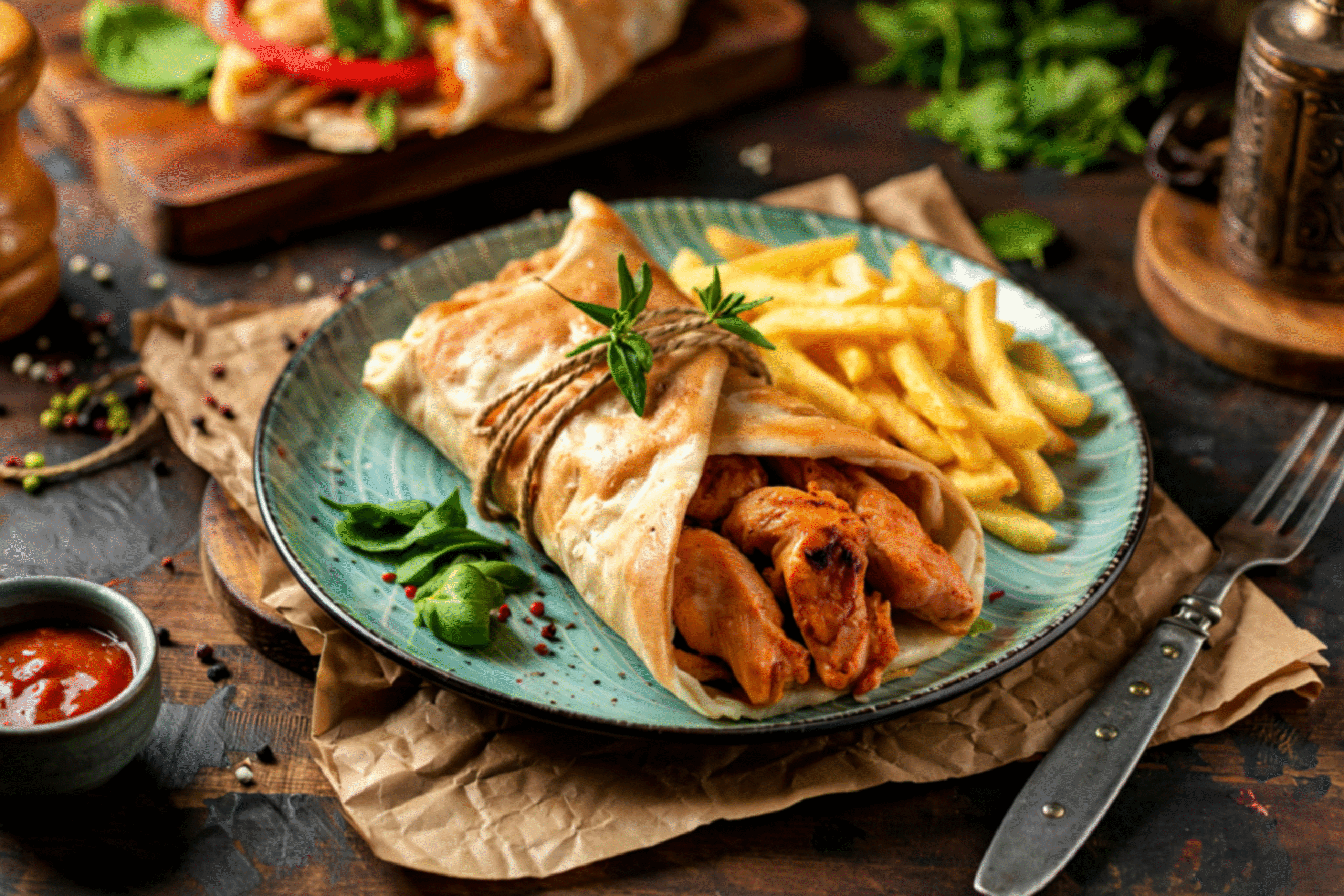 eating chicken wrap lunch